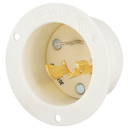 Bryant Flanged Locking Inlet, 30 A, 250V AC, Single Phase, 2 Pole, Surface Mount, Screw Terminals, White 70630MB